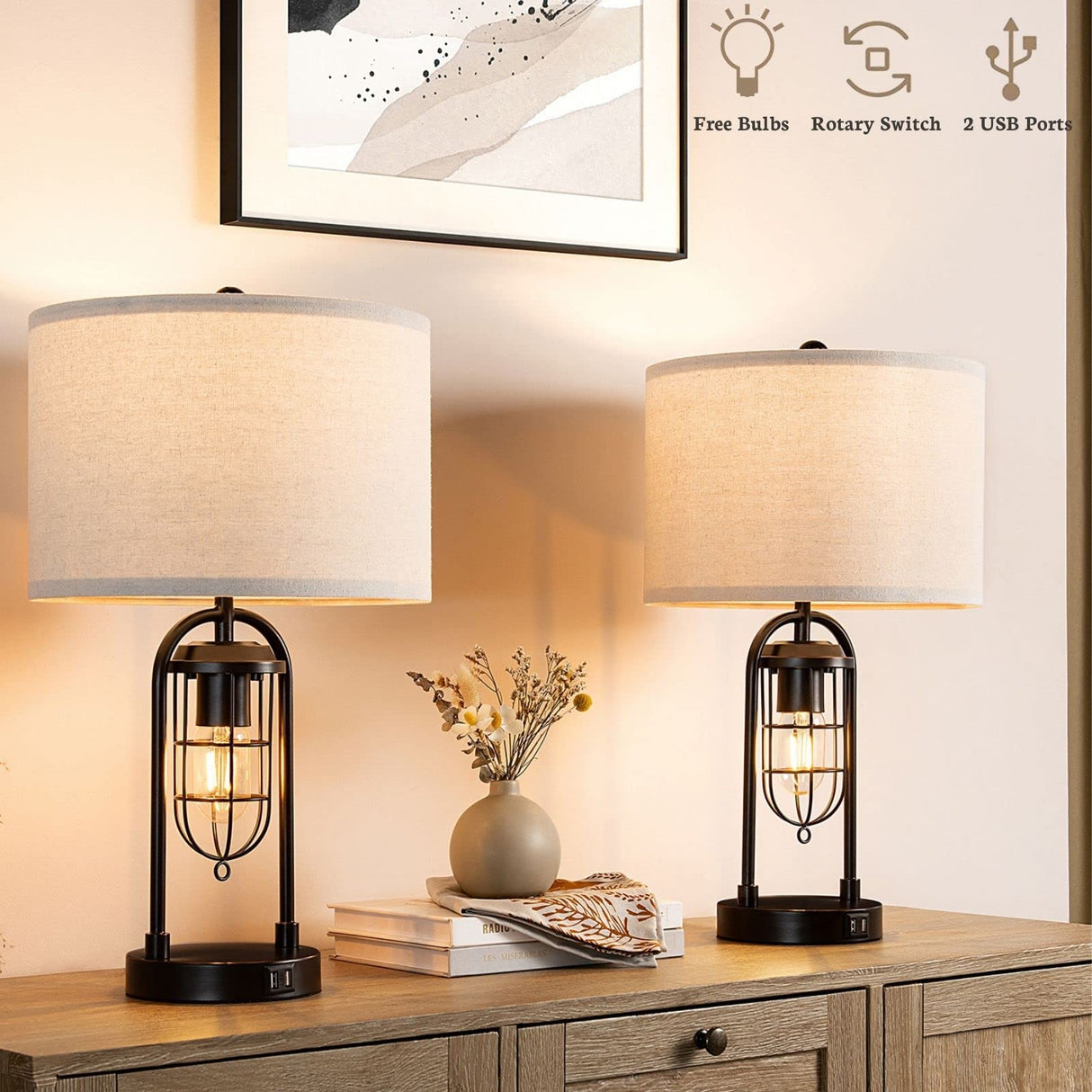 21'' Industrial Table Lamps Set of 2 with Night Light & USB Port