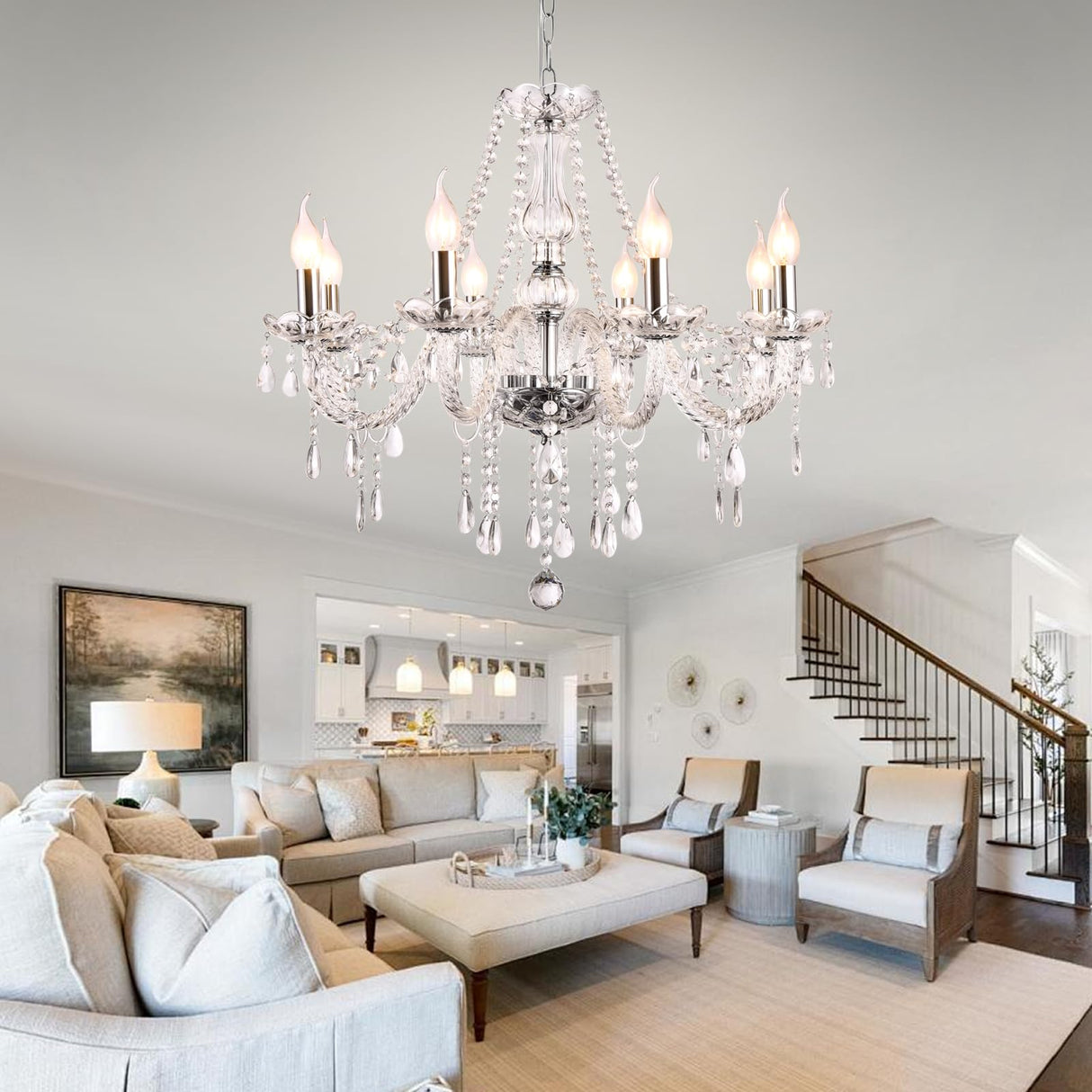 Modern Elegant 8 Lights K9 Crystal Glass Chandelier Silver Pendant Ceiling Lighting