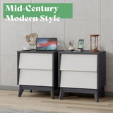 Nightstands Set of 2, Mid-Century End Side Table with Beveled Drawers & Charging Station