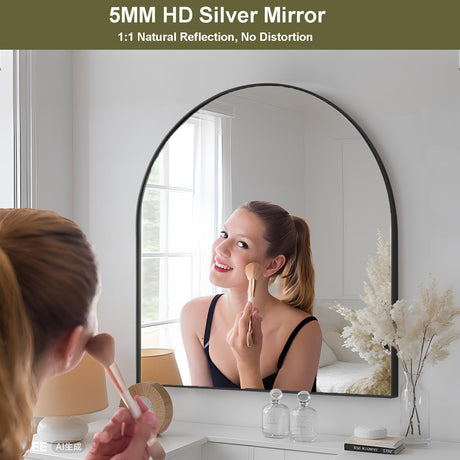 MEETDH Arched Mirror 32x34, Black Wall Mounted Mirrors, Bathroom Mirror for Wall 32 x 34 inch, Arch Vanity Mirror Metal Framed, Mordern Mirror for Bedroom, Entray, Living Room