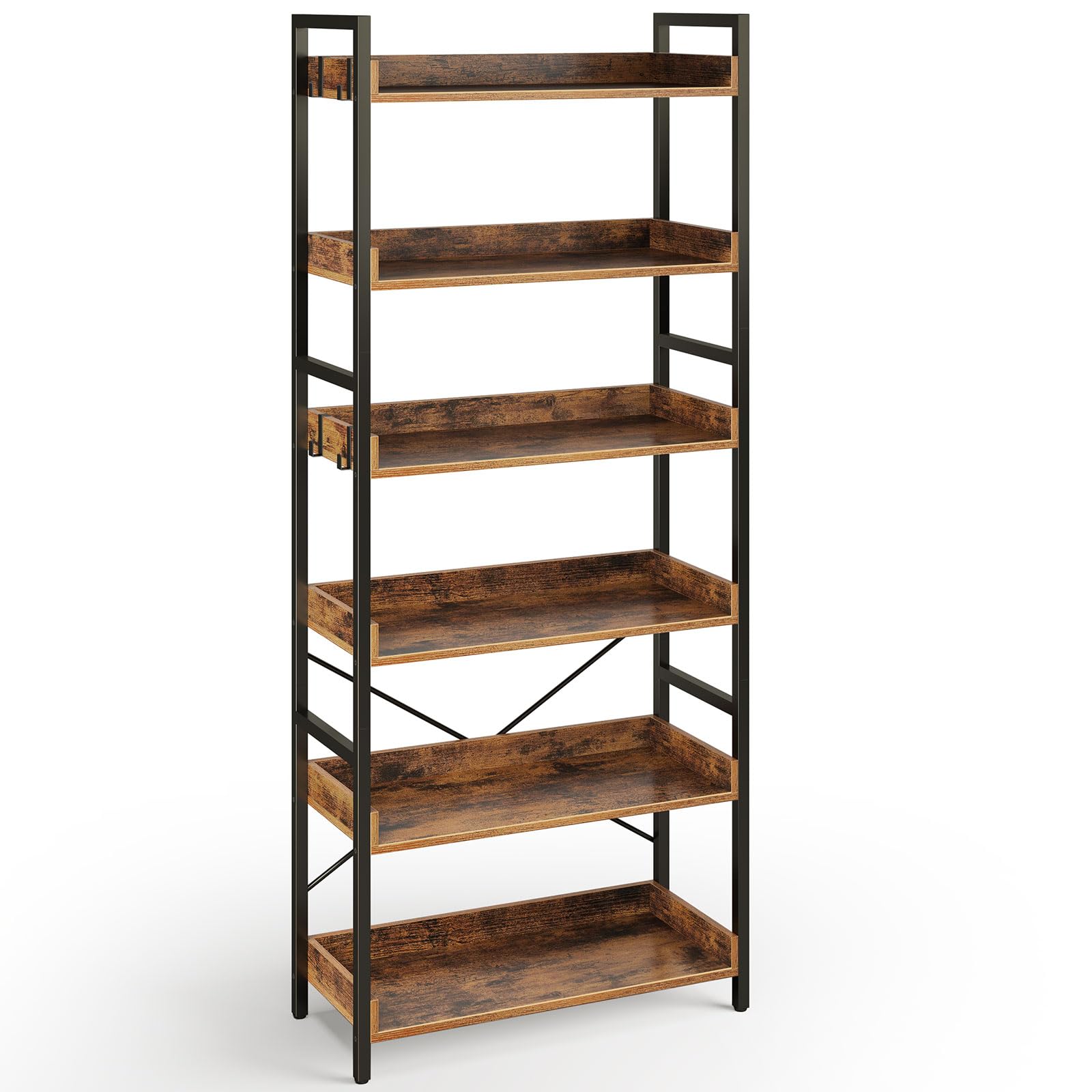 Bookshelf 6 Tier with 4 Hooks, Industrial Bookcase, Vintage Storage Rack with