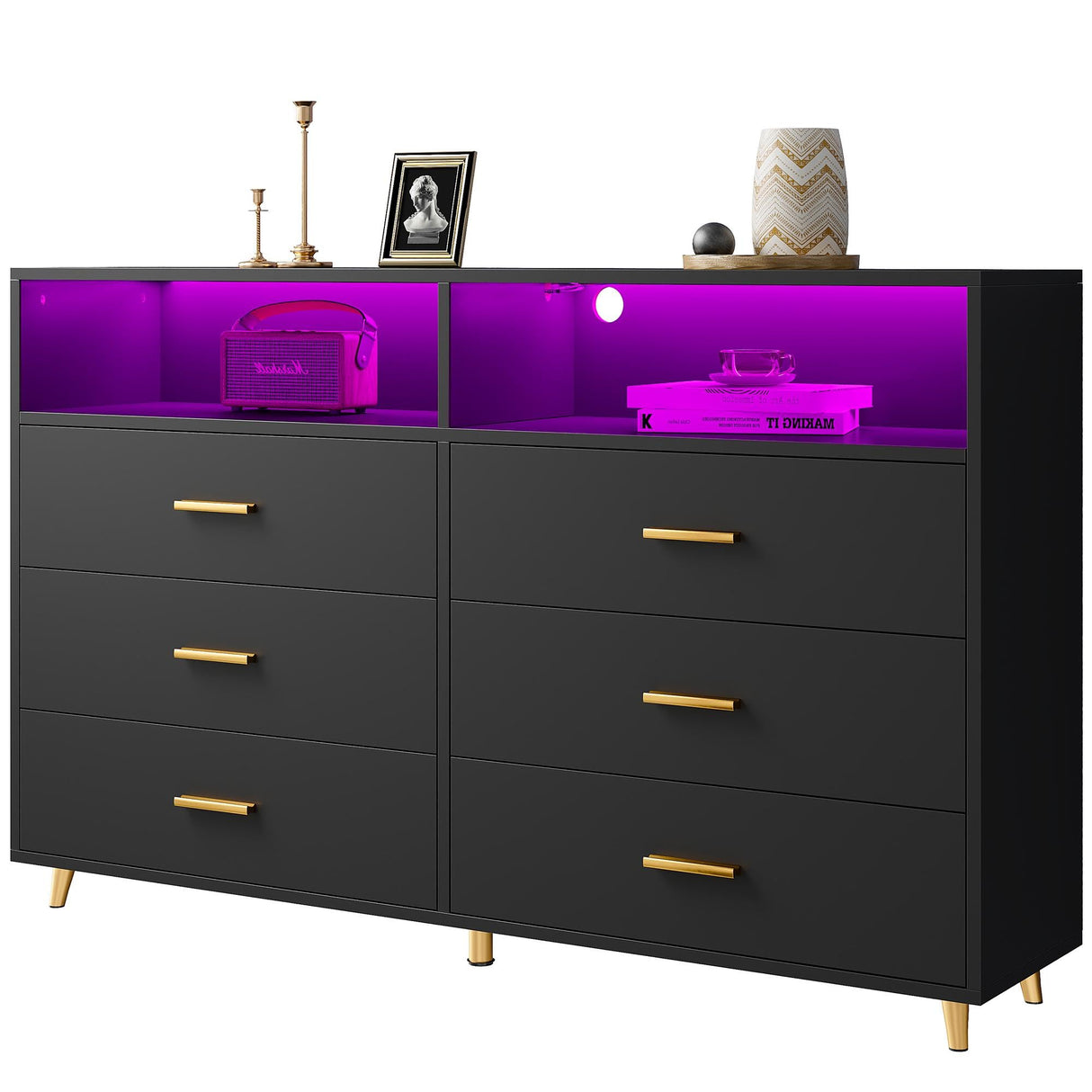 Black Dresser with LED Lights, Wood Dresser for Bedroom with Wide Large Drawers