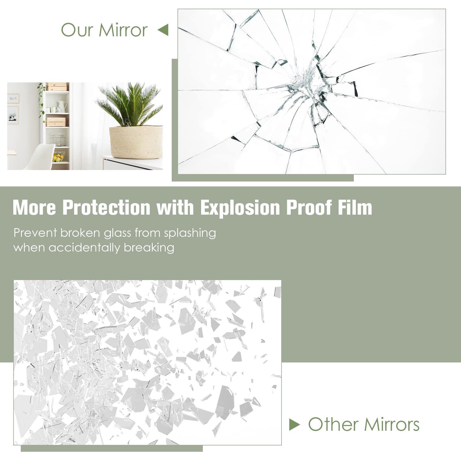 Full Length Wall Mounted Mirror w/Stand, Gold Steel Frame Floor Mirror with Explosion