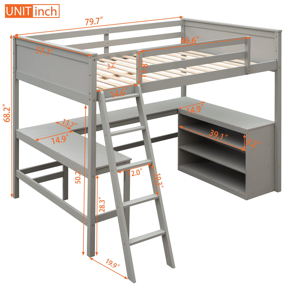 Loft Bed, Full Loft Bed with Desk and Shelves, Wooden Loft Bed Full with Desk Underneath