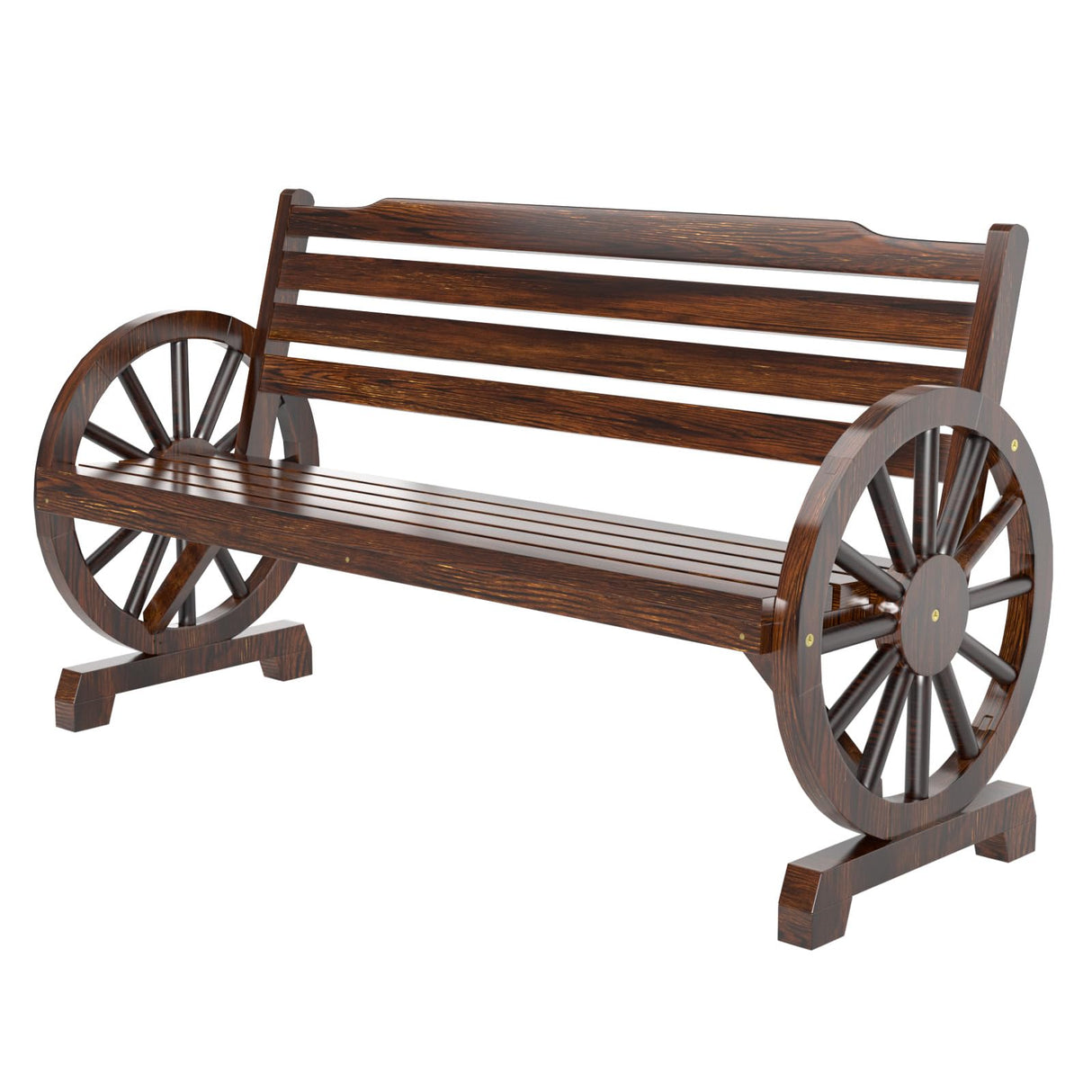 Outdoor Bench, 55 Inch Patio Bench, Rustic Wooden Wheel Bench, Wagon Slatted Seat