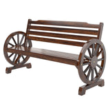 Outdoor Bench, 55 Inch Patio Bench, Rustic Wooden Wheel Bench, Wagon Slatted Seat