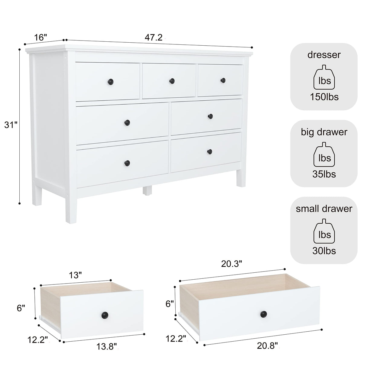 CARPETNAL White dresser, Modern Dresser for Bedroom, 7 Drawer Double Dresser with Wide Drawer and Metal Handles, Wood Dressers & Chests of Drawers for Hallway, Entryway.