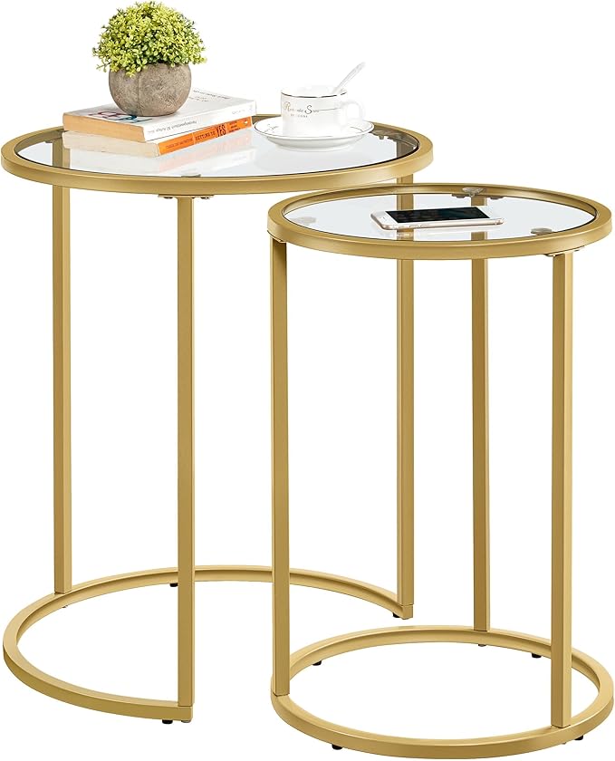 Round Nesting End Table Set of 2,Stacking Side Tables,Coffee Tables Set w/Metal Frame