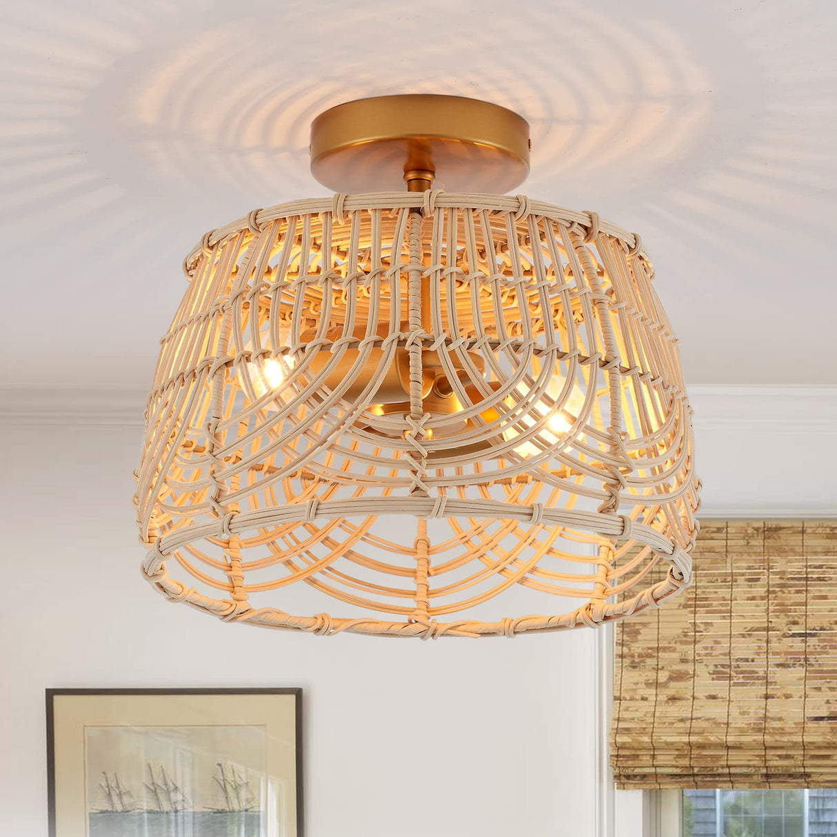 Woven Rattan Bamboo Brass Flush Mount Ceiling Light， Wicker Light Fixture for Entryway