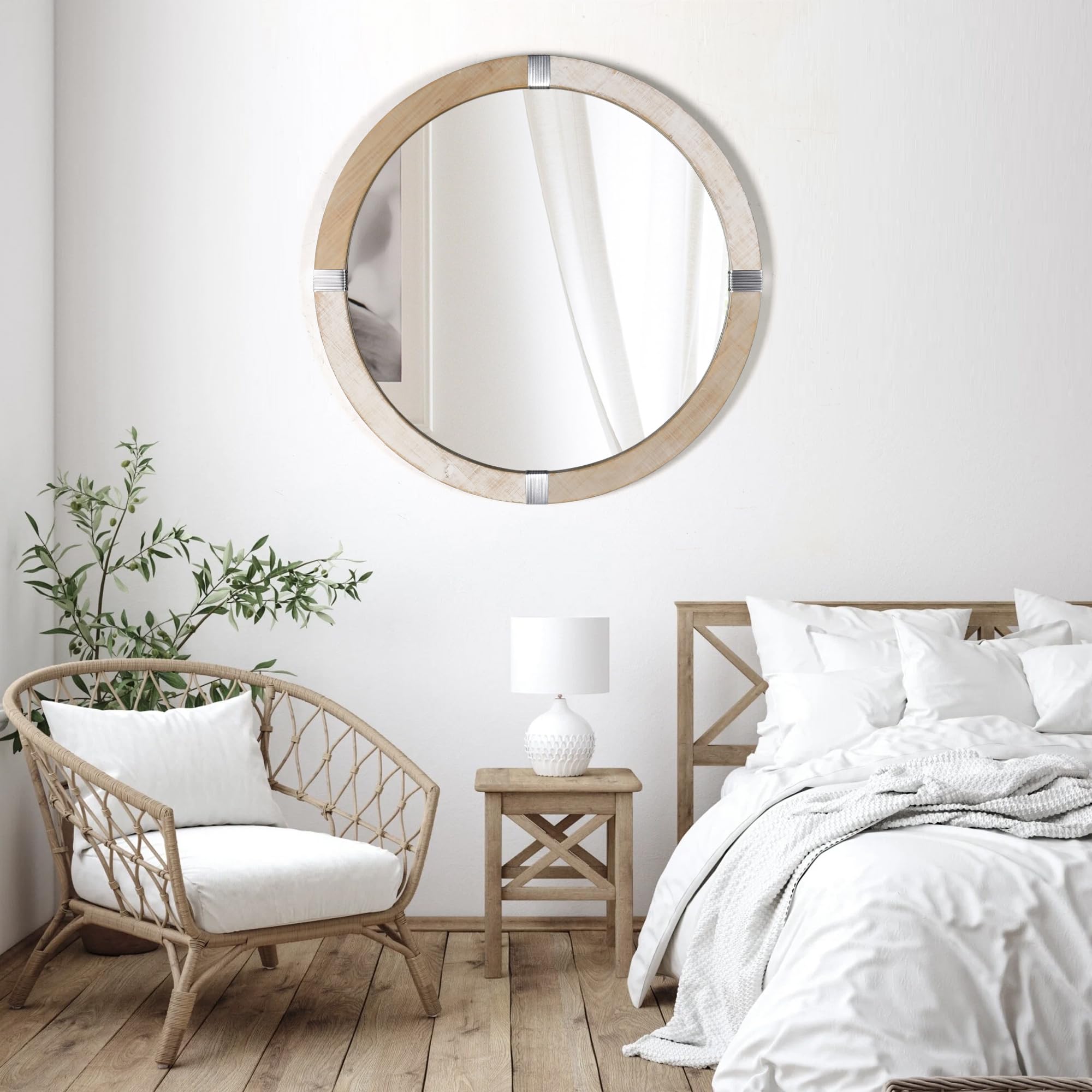 Rustic Round Mirrors, 31.5'' Wooden Circle Mirror, Hanging Wall Decorative Mirror
