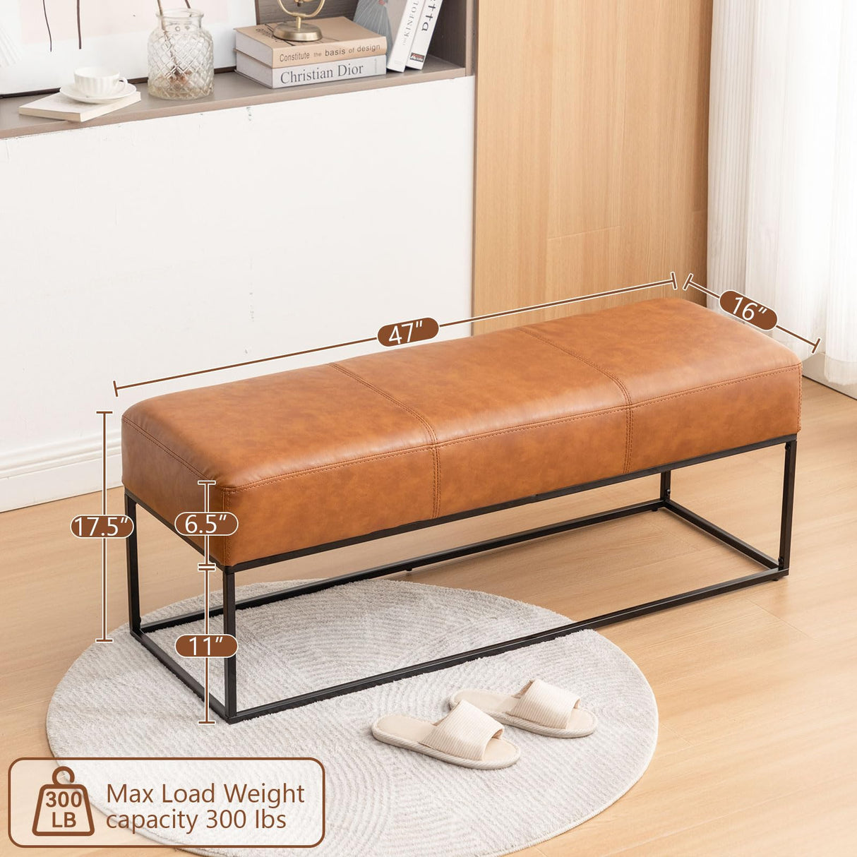 Leather Entryway Bench for Bedroom End of Bed, Modern Ottoman Bench with Faux