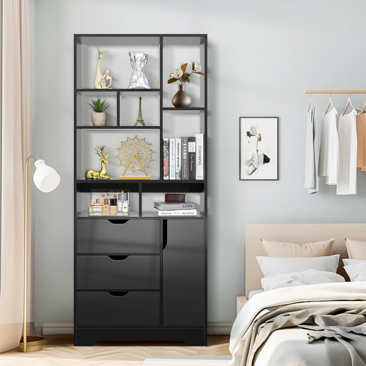 Stylish Black Bookshelf, 71" Tall Bookshelf with Doors and 3 Drawers, Wood Bookshelf