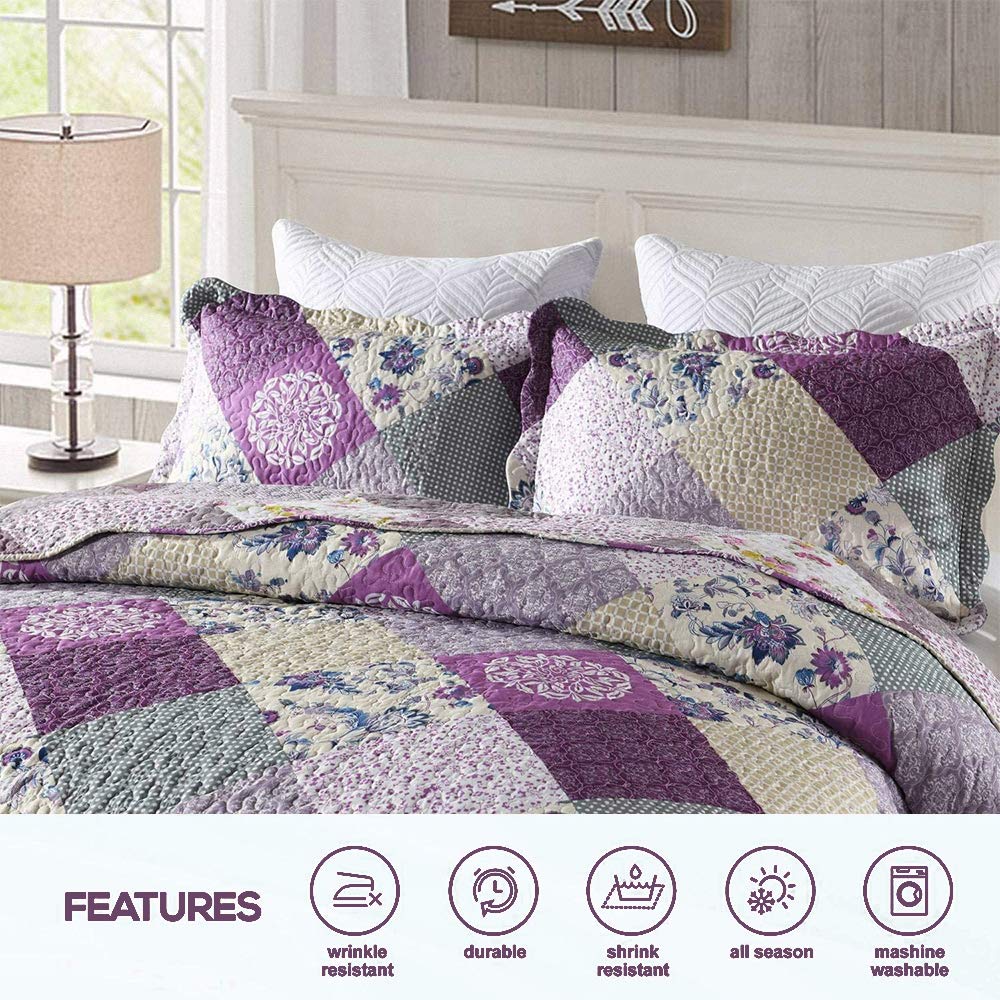 King Size Quilt Set - 3 Pieces Purple Patchwork King Quilt