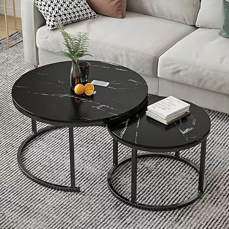 Round Coffee Table Set of 2 with Wood Top for Living Room, Modern Nesting Center