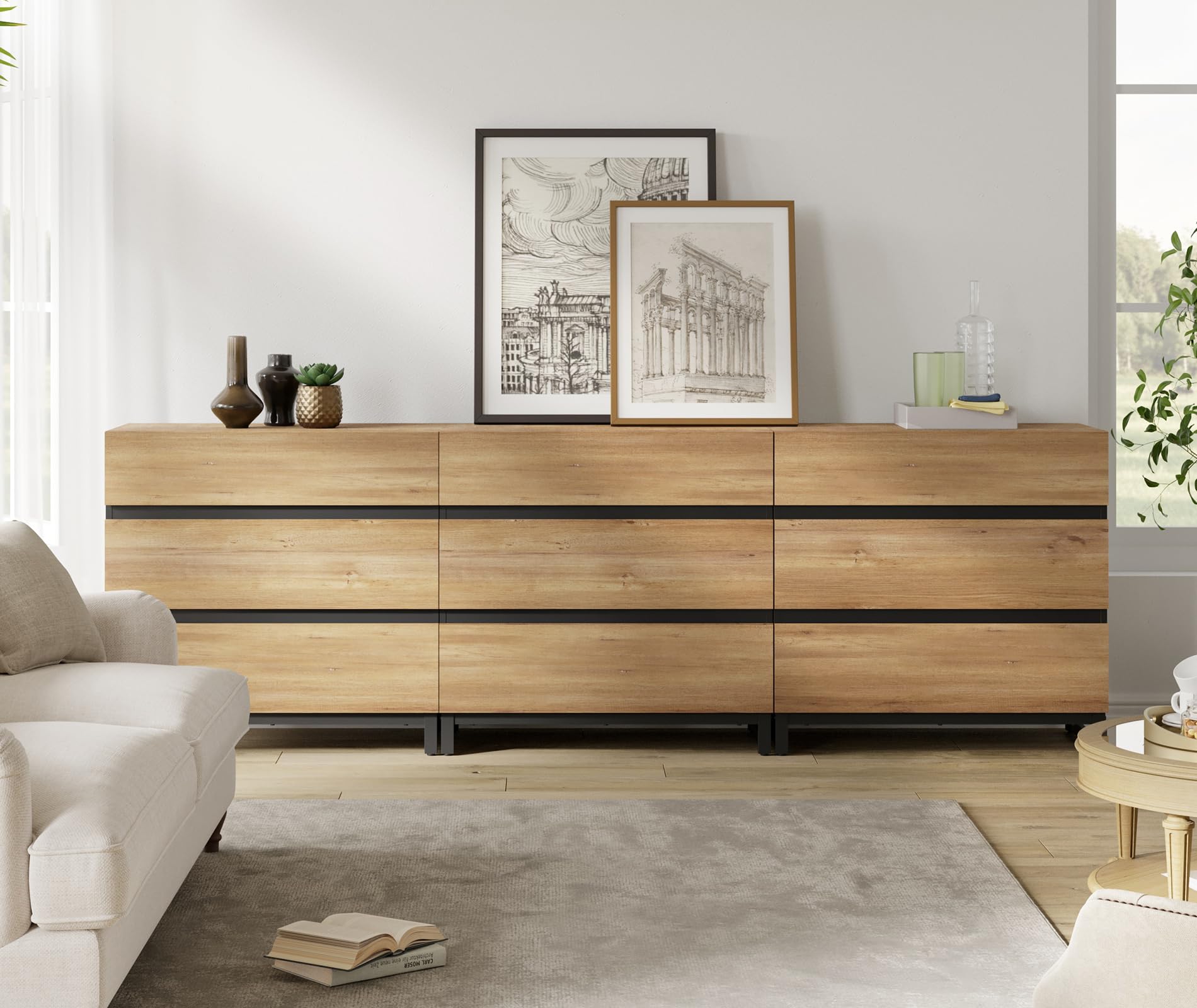 WAMPAT Dresser for Bedroom, Closet Organizers and Storage with 9 Drawers, Chest of Drawers with Metal Base, Wooden Modern Dresser for Living Room, Bedroom, Entryway, Oak