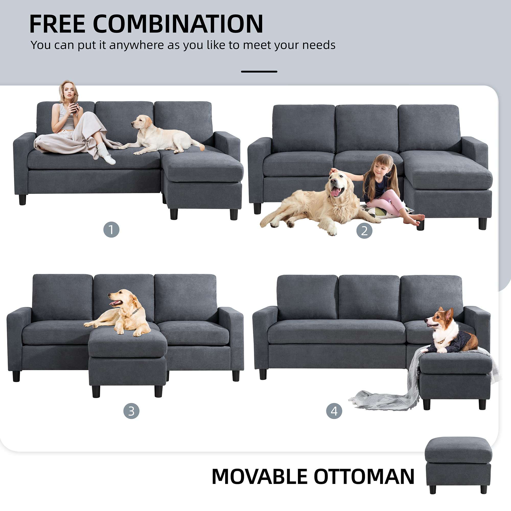 79 Inch Convertible Sectional Sofa Couch, Modern Linen Fabric L-Shaped