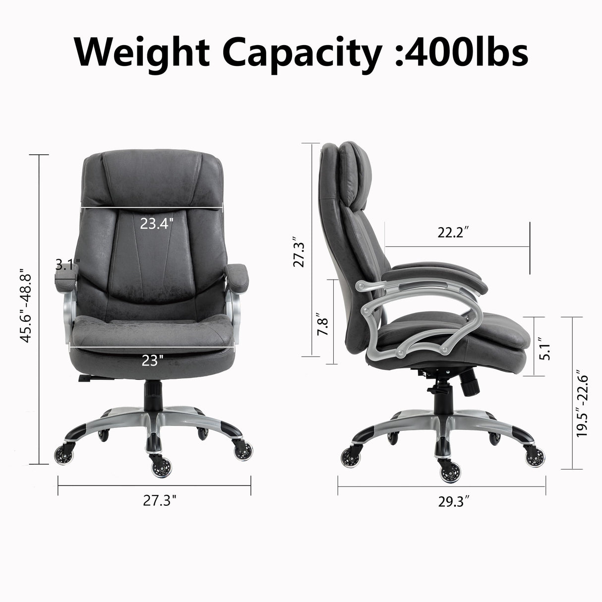 Executive Big & Tall Office Chair Rubber Wheels Heavy Duty 400lbs Capacity, High Back