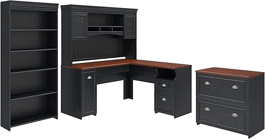 Fairview L-Shaped Desk with Hutch, 5-Shelf Bookcase, and Lateral File Cabinet