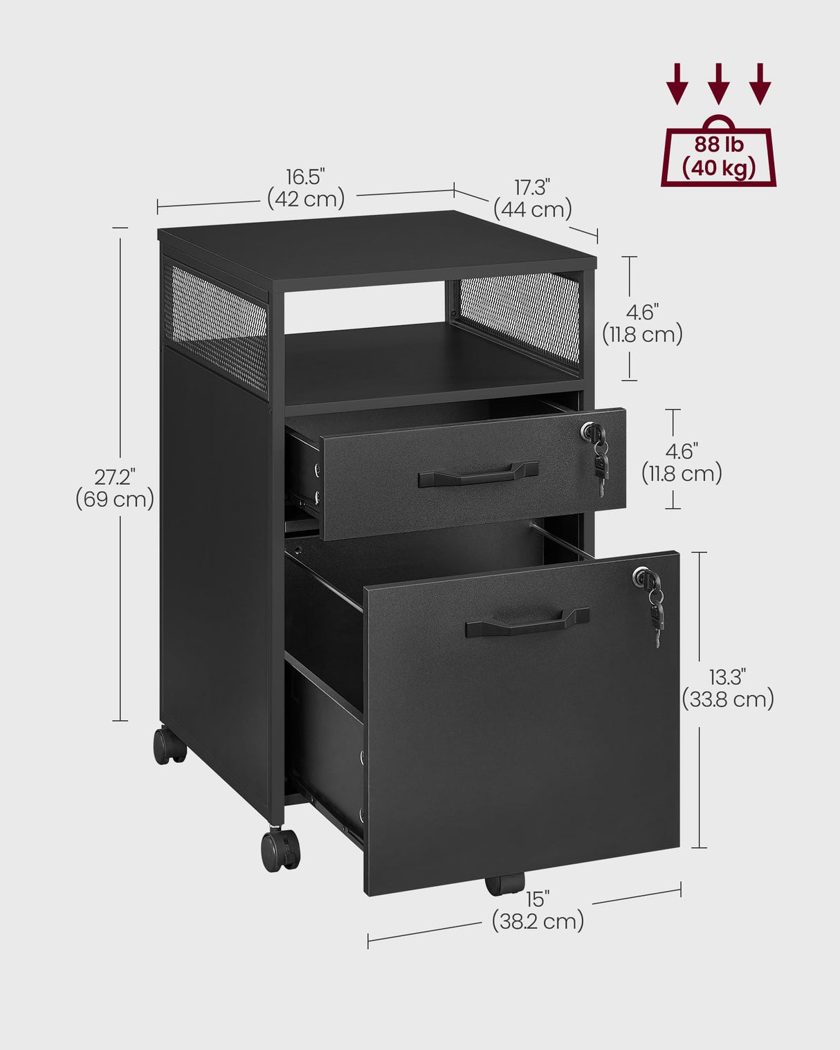 File Cabinet, Mobile Filing Cabinet on Wheels, for Home Office, 2 Lockable Drawers