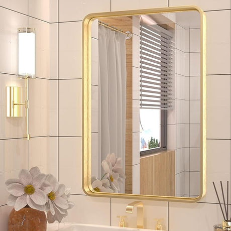 16 x 24 Inch Brushed Gold Frame Mirror, Brass Gold Bathroom Vanity Mirror for Wall