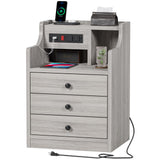 Nightstand Set 2,Gray Nightstand with Charging Station & Hutch