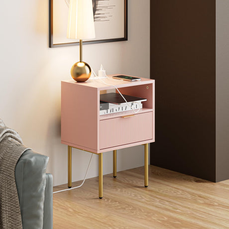 Charging Station,Mid-Century Modern Bedside Table with Storage Drawer and Open