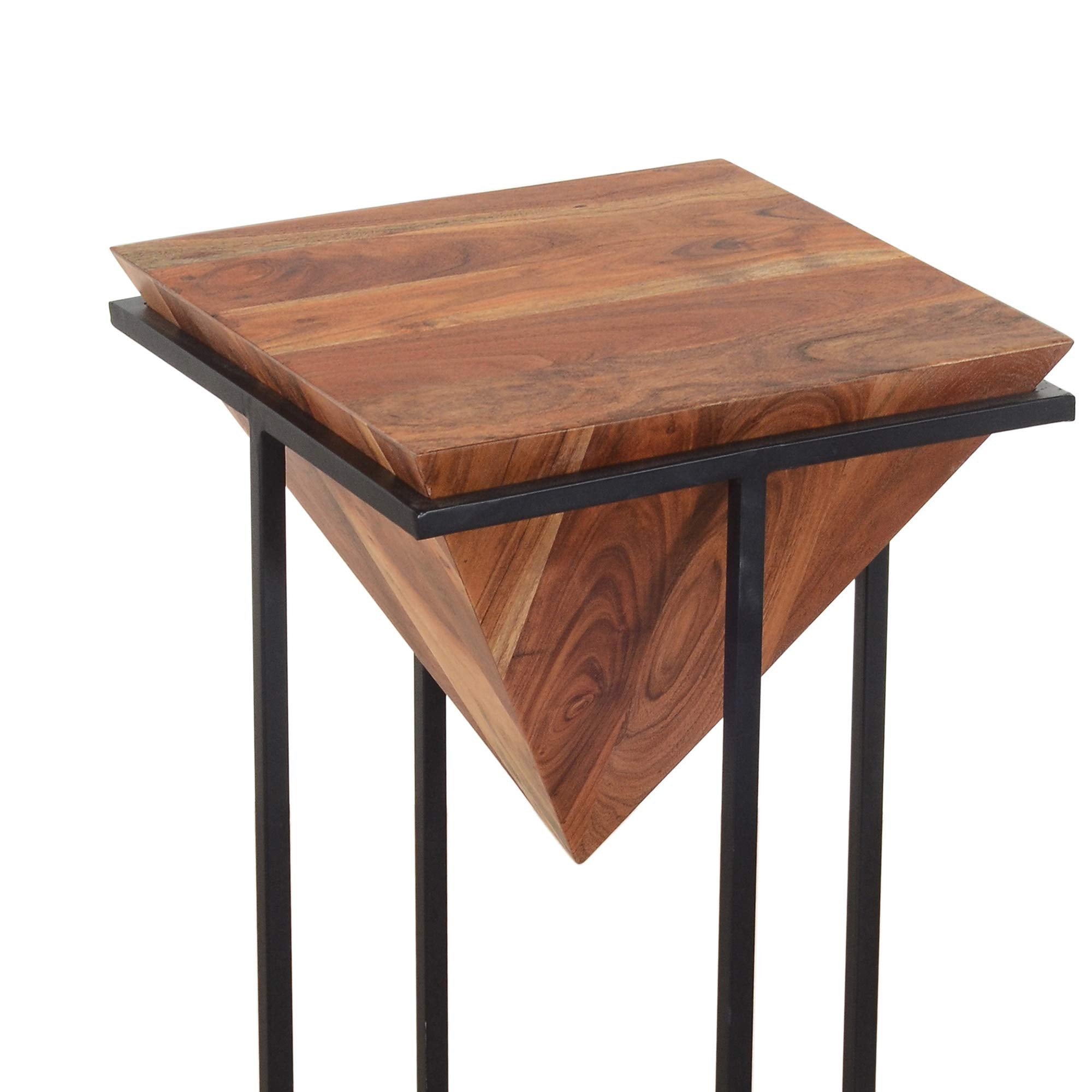 26-Inch Pyramid Shape Wooden Side Table with Cross Metal Base, Brown and Black