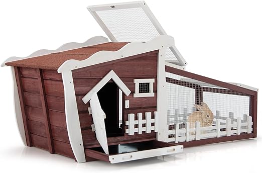 62 Inch Wooden Rabbit Hutch, Outdoor Chicken Coop with Asphalt Roof, Removable Tray