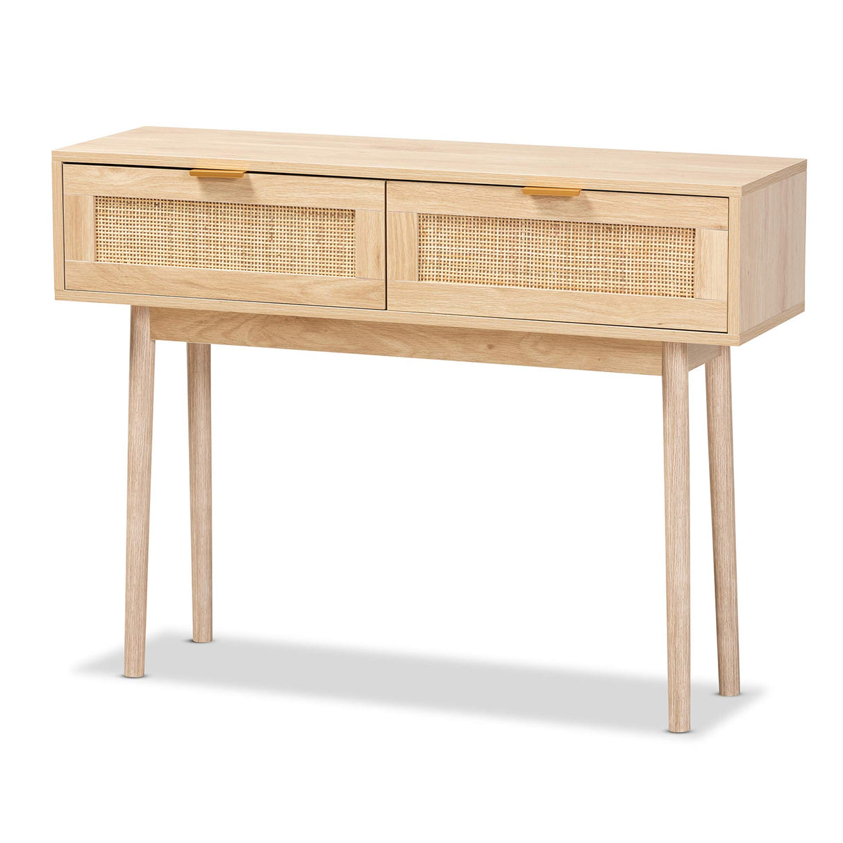 Baird Mid-Century Modern Light Oak Brown Finished Wood and Rattan 2-Drawer Console
