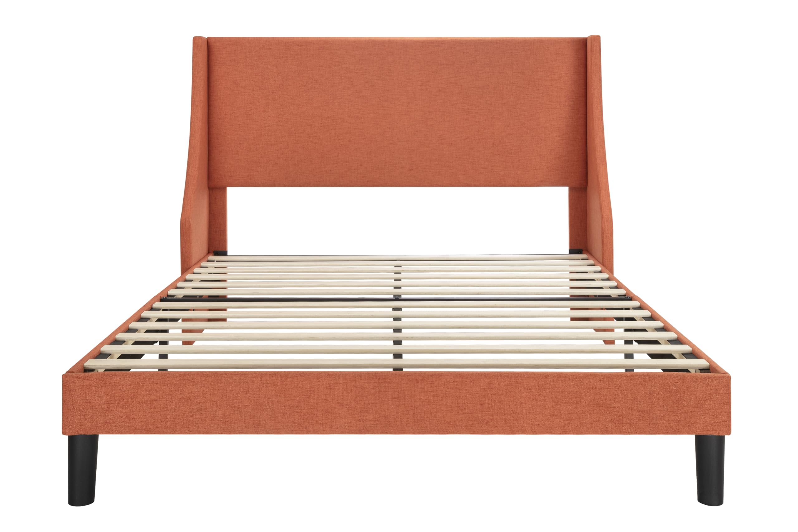 Upholstered Bed Frame Queen Size with Streamlined Wingback Headboard,