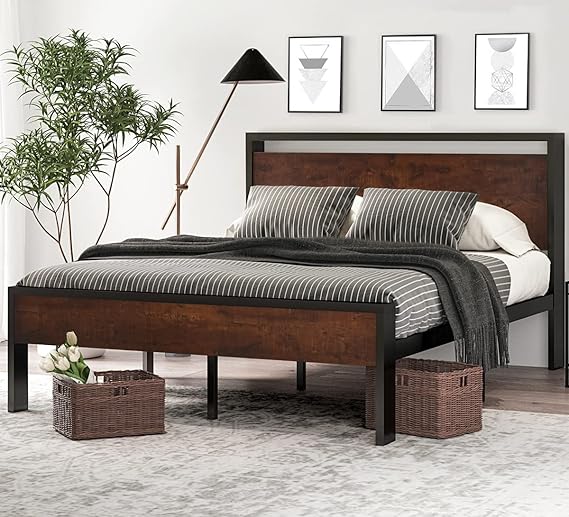 14 Inch Queen Size Metal Platform Bed Frame with Wooden Headboard and Footboard,