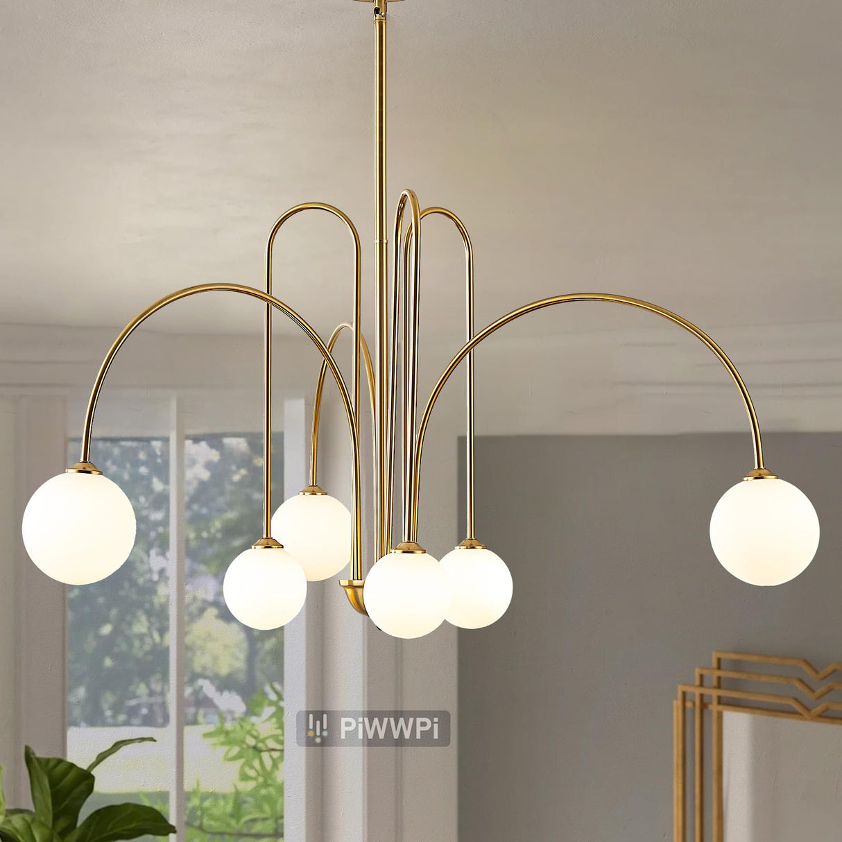 Mid Century Modern Chandelier, 6-Light Globe Sputnik Chandelier, 40" Brass Gold Large