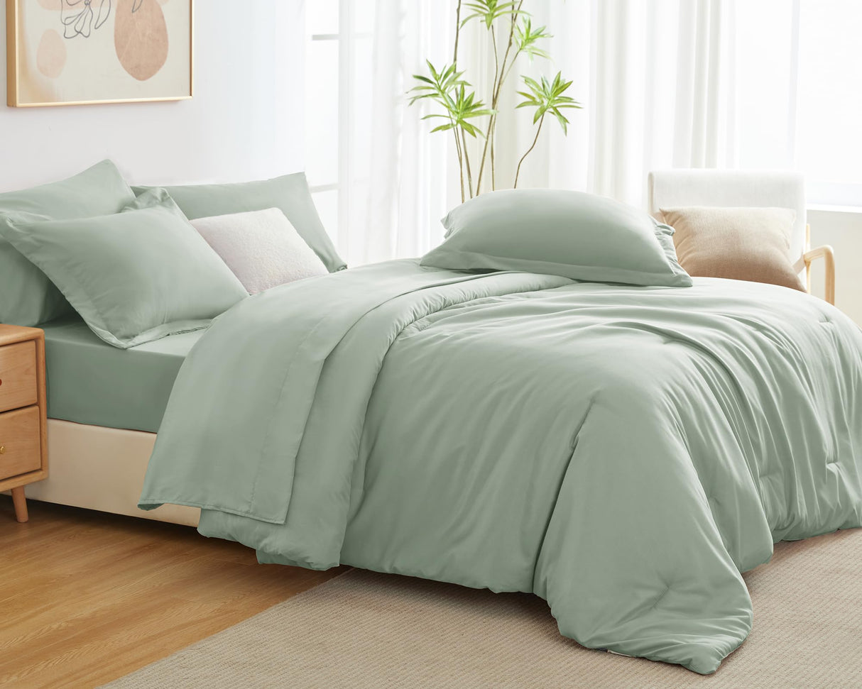 Queen Comforter Set Sage Green, 7 Pieces Bed in a Bag, Bedding Comforter Set