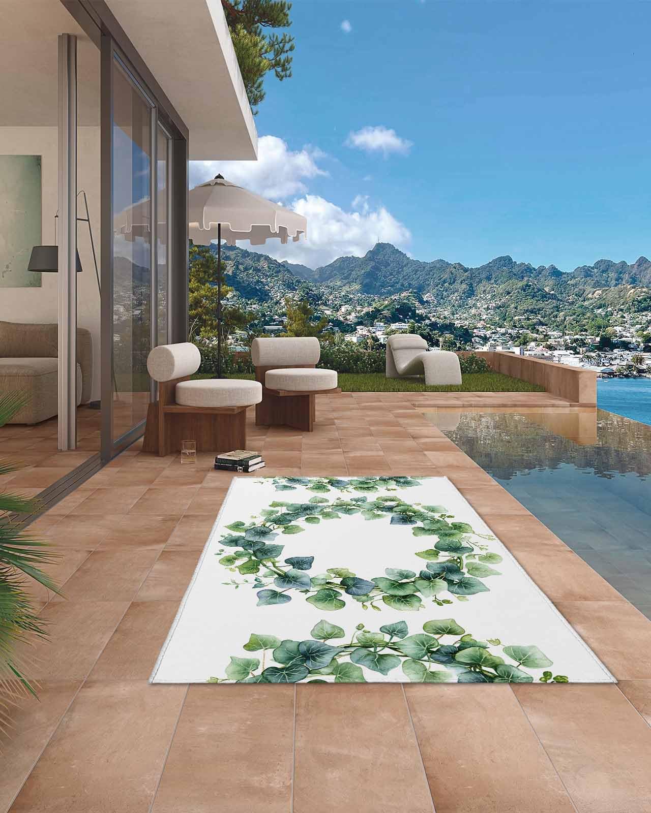 Outdoor Rug 5x8 ft Green Blue Leaf Outdoor Large Area Rug Non Slip Rubber Spring Plant