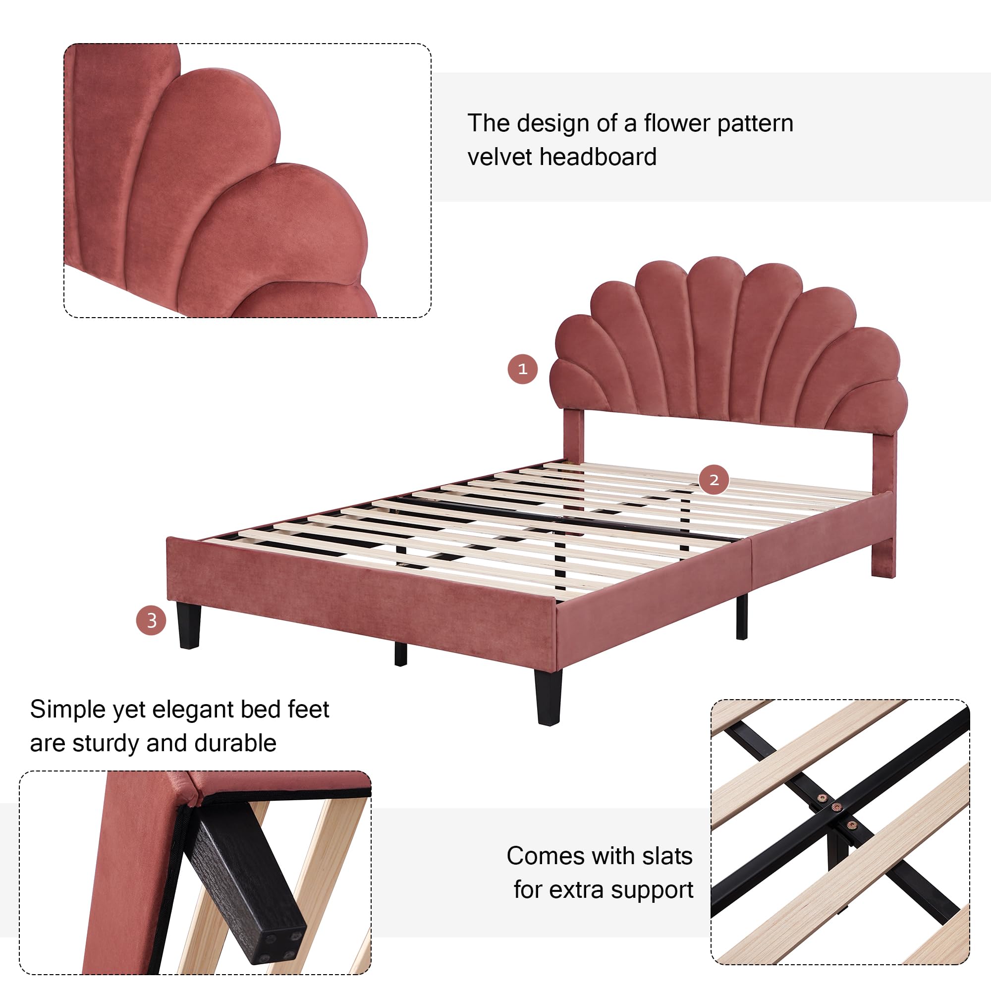 Velvet Upholstered Platform Bed with Flower Pattern Headboard - Queen