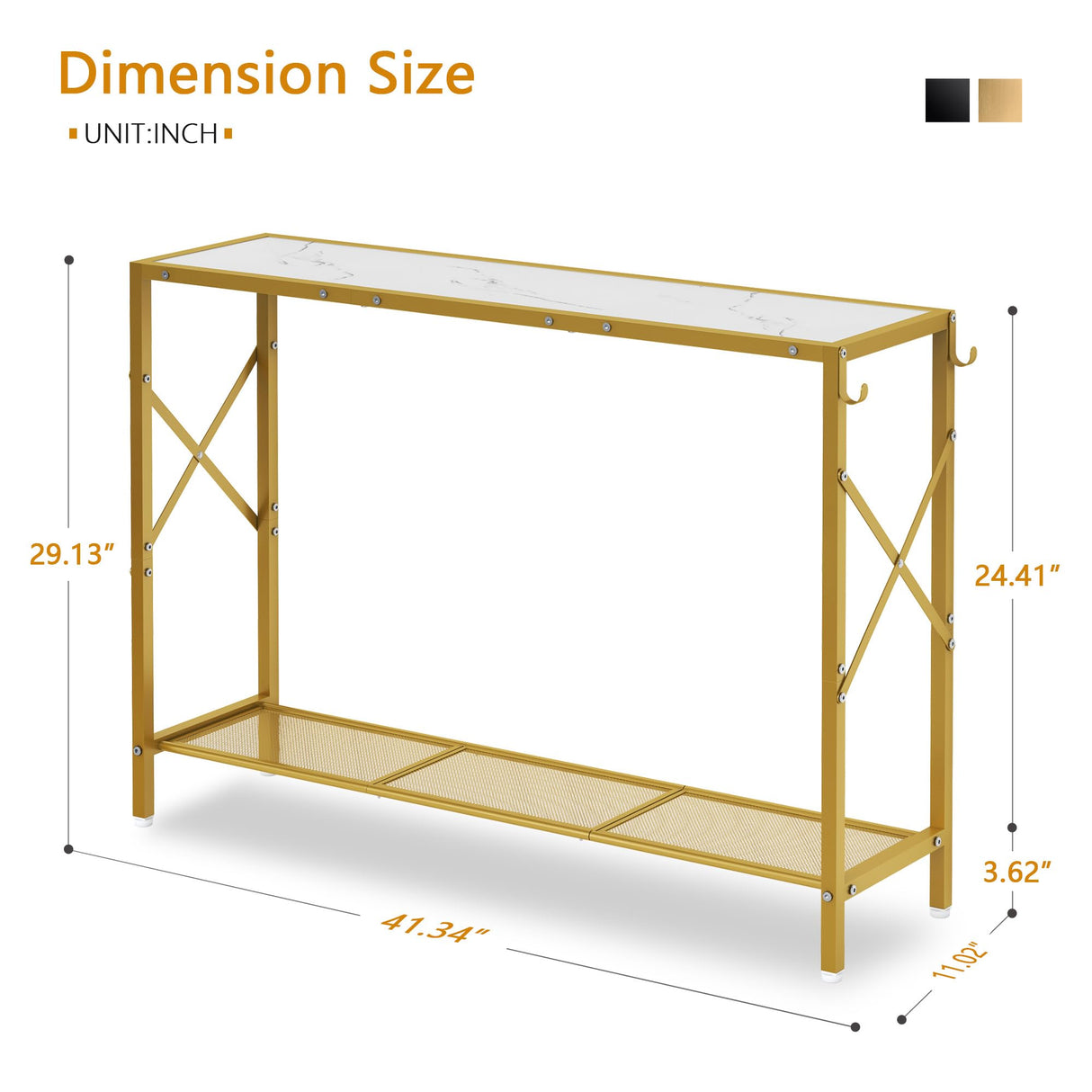 Gold Console Table, 2 Tier Narrow Entryway Table with Shelves and Hooks,