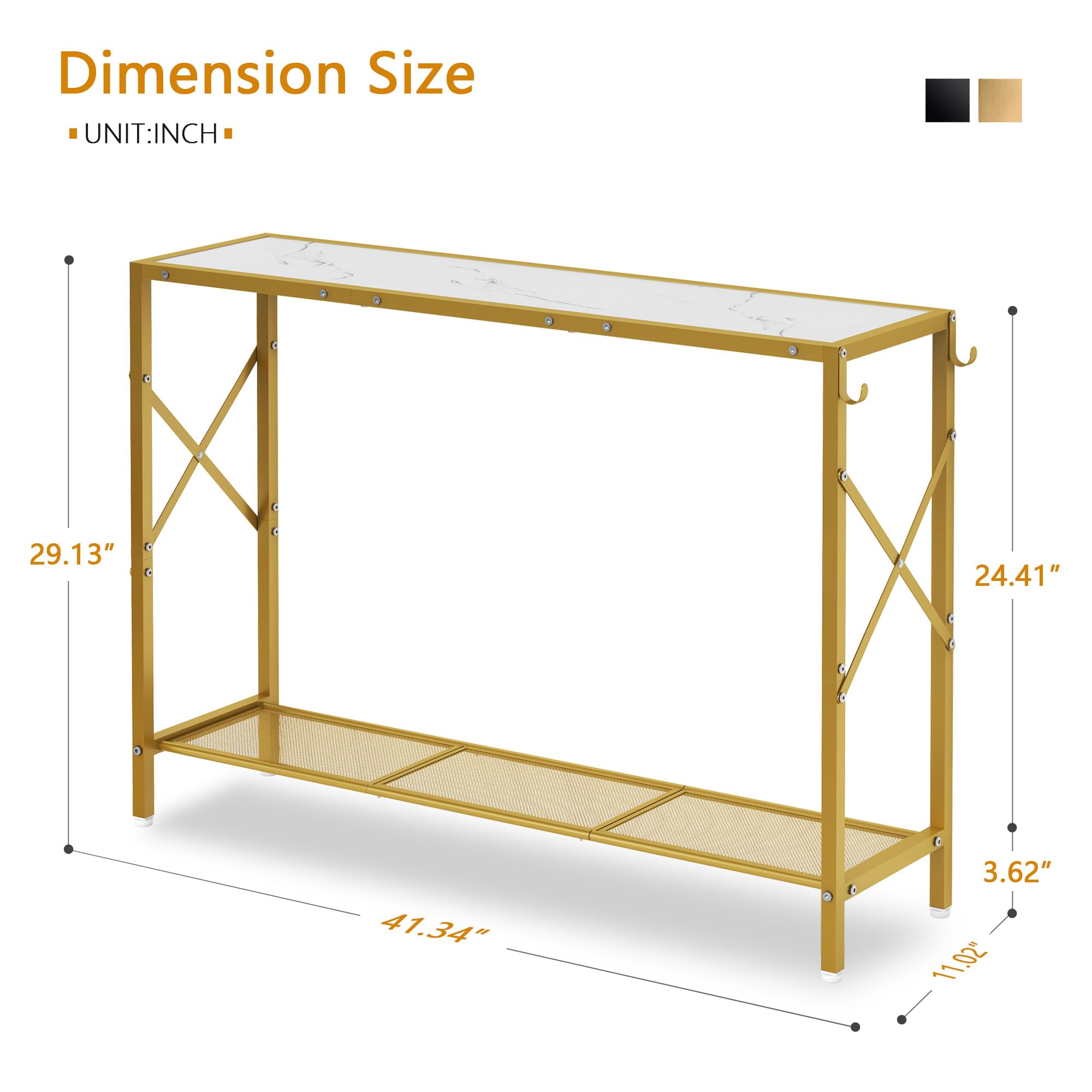 Gold Console Table, 2 Tier Narrow Entryway Table with Shelves and Hooks,