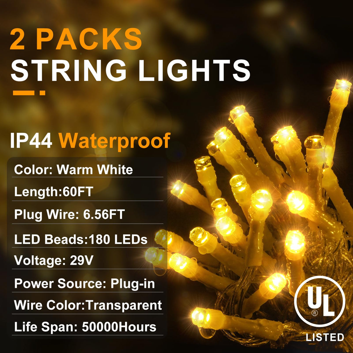 2-Pack Christmas String Lights Indoor Plug in, Total 120FT 360LED Warm White Outdoor