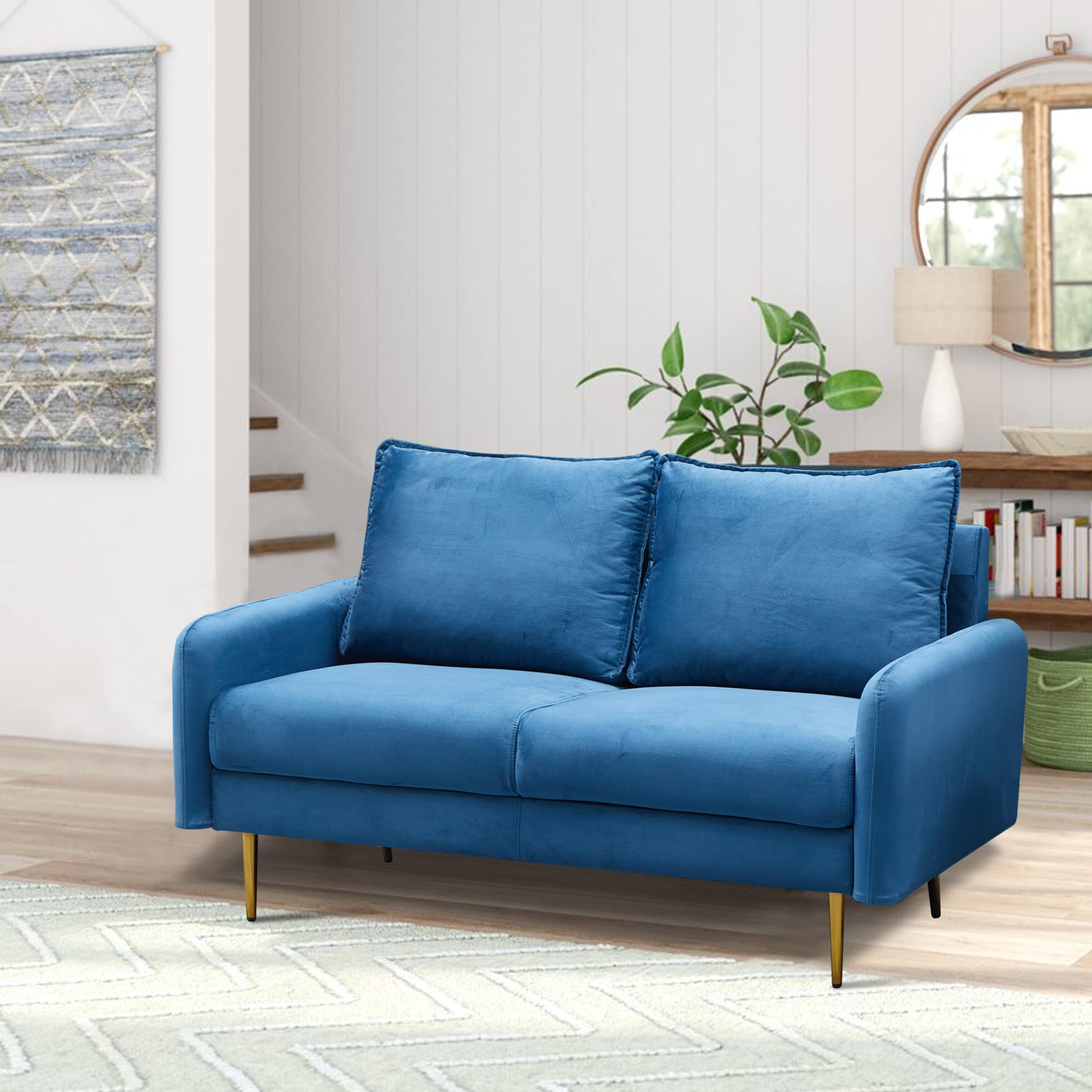Velvet Loveseat Modern Sofa Tufted Couch with Metal Legs for Living Room, Bedroom, Office, Playroom - Prussian Blue