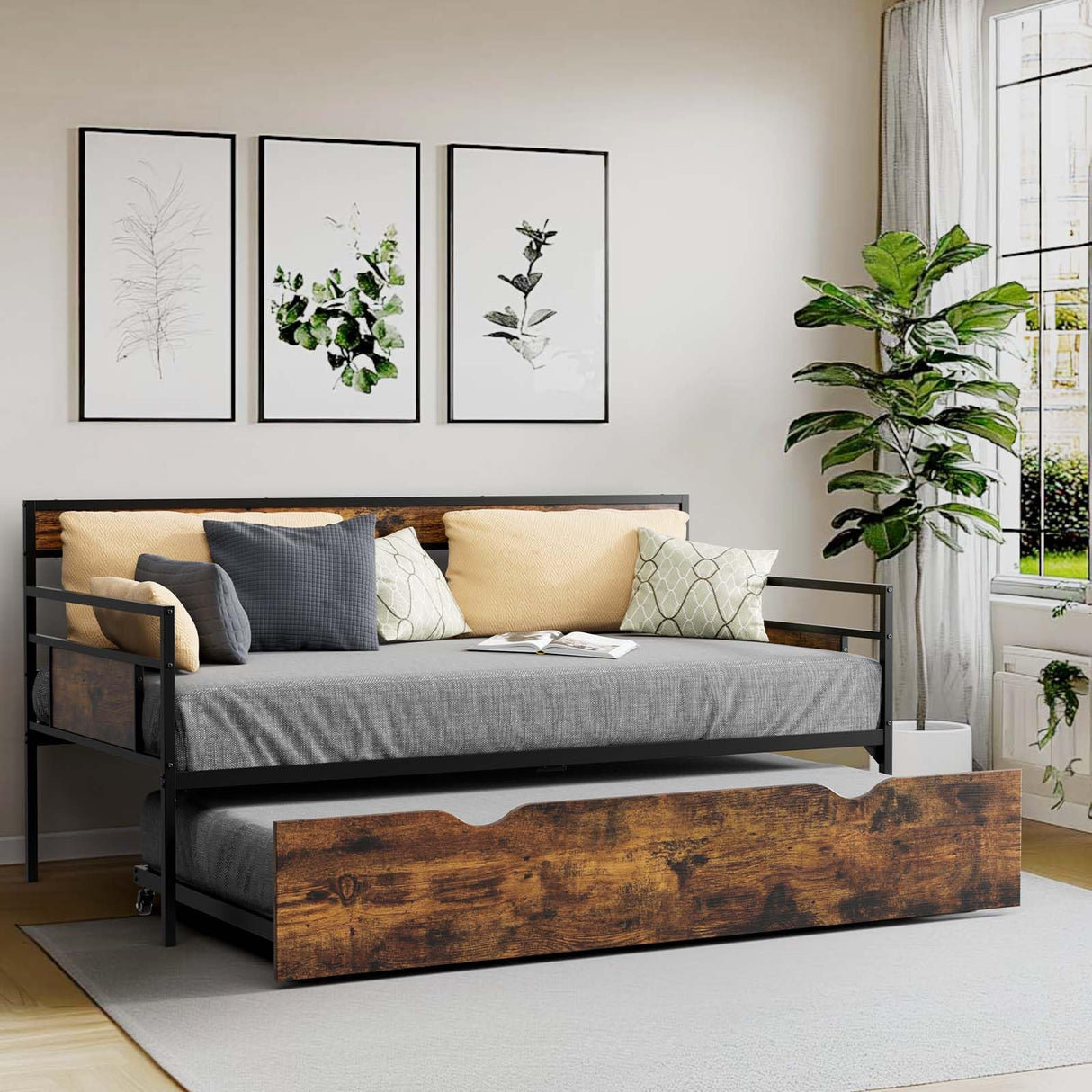 Twin Daybed with Trundle, Rustic Metal Sofa Bed Frame with Wooden Headboards