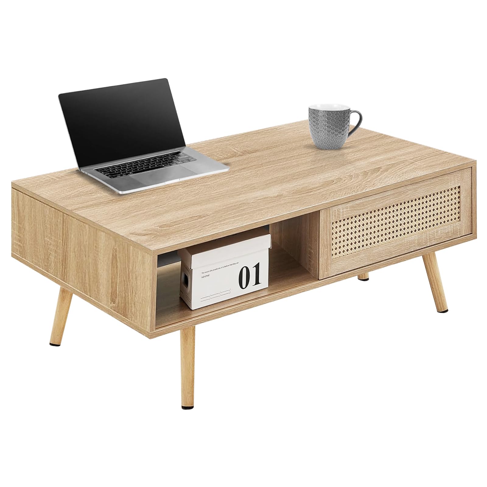 Mid Century Modern Coffee Table,Rattan Coffee Table with Sliding Woven Open Storage
