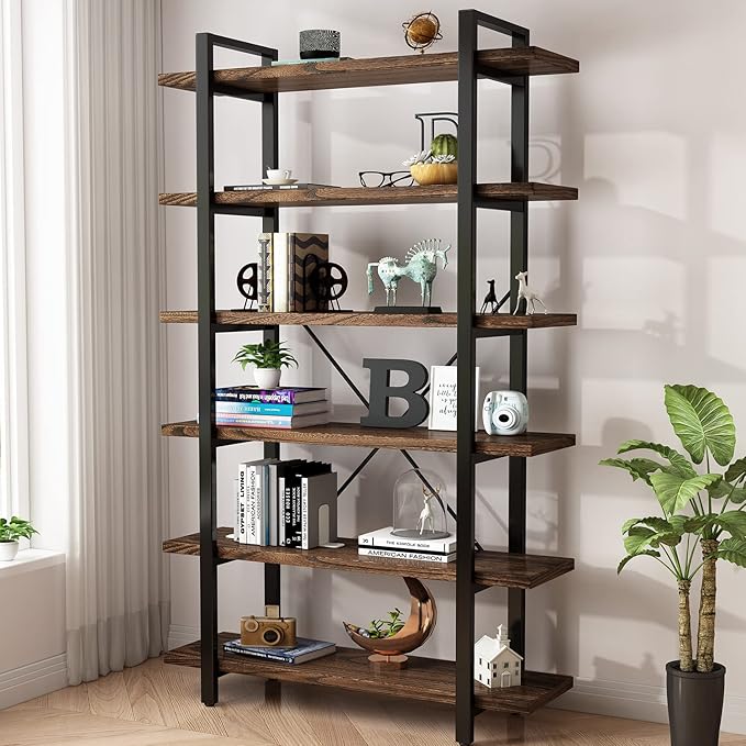 Industrial Style Solid Wood Bookcase and Book Shelves,Rustic Wood and Metal Shelving Unit， Living Room,Modern Rustic Open Industrial Book Shelf Office,Distressed Brown (AY-02-5Tier)
