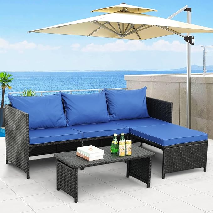 Valita 3-Piece Outdoor PE Rattan Furniture Set Patio Black Wicker Conversation Loveseat Sofa Sectional Couch Khaki Cushion