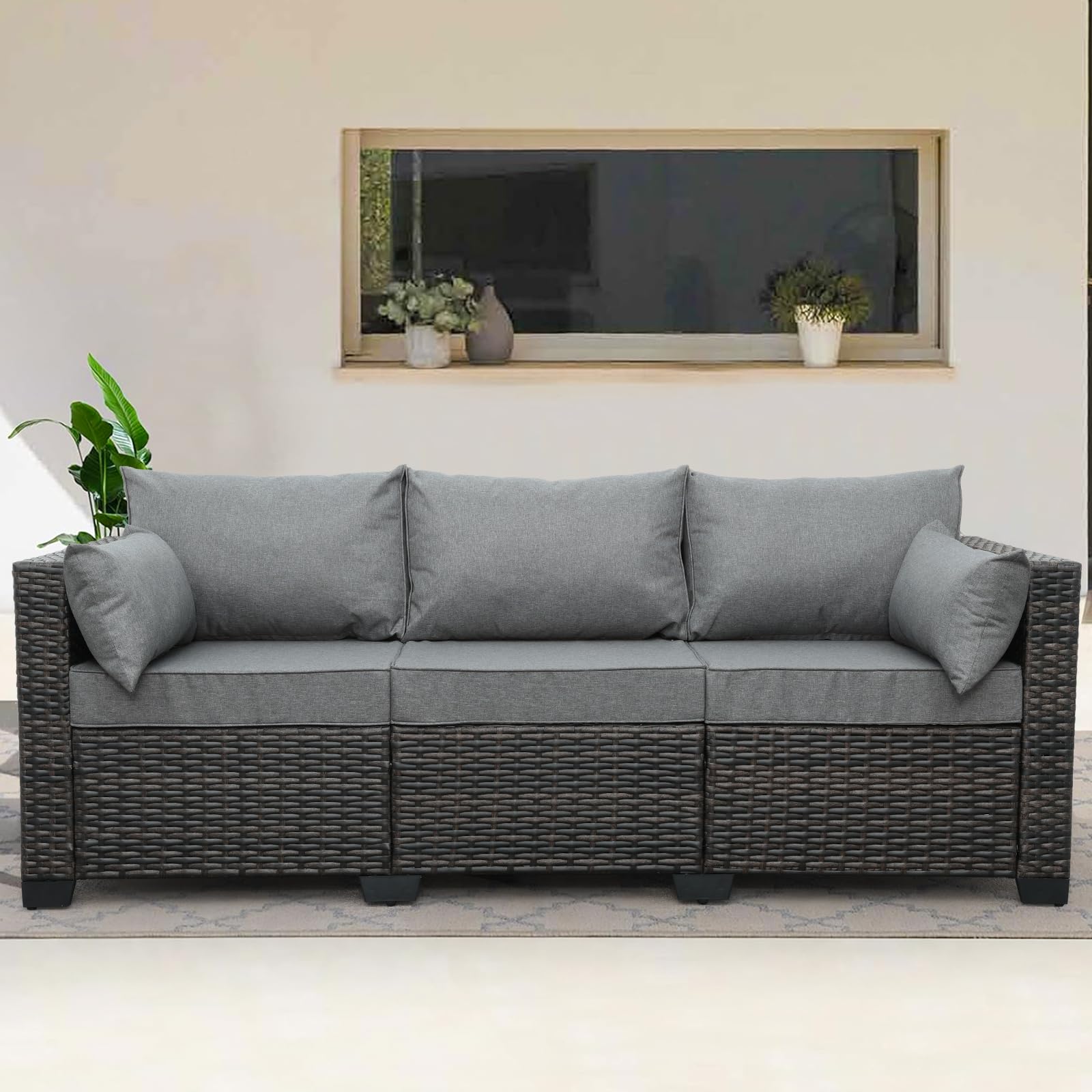 3-Seat Patio PE Wicker Couch Furniture Outdoor Brown Rattan Sofa