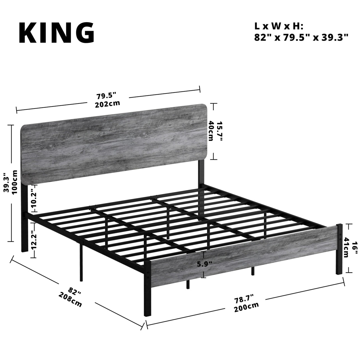 King Size Bed Frame, Metal Bed Frame King with Headboard and Strong Steel Slat Support,