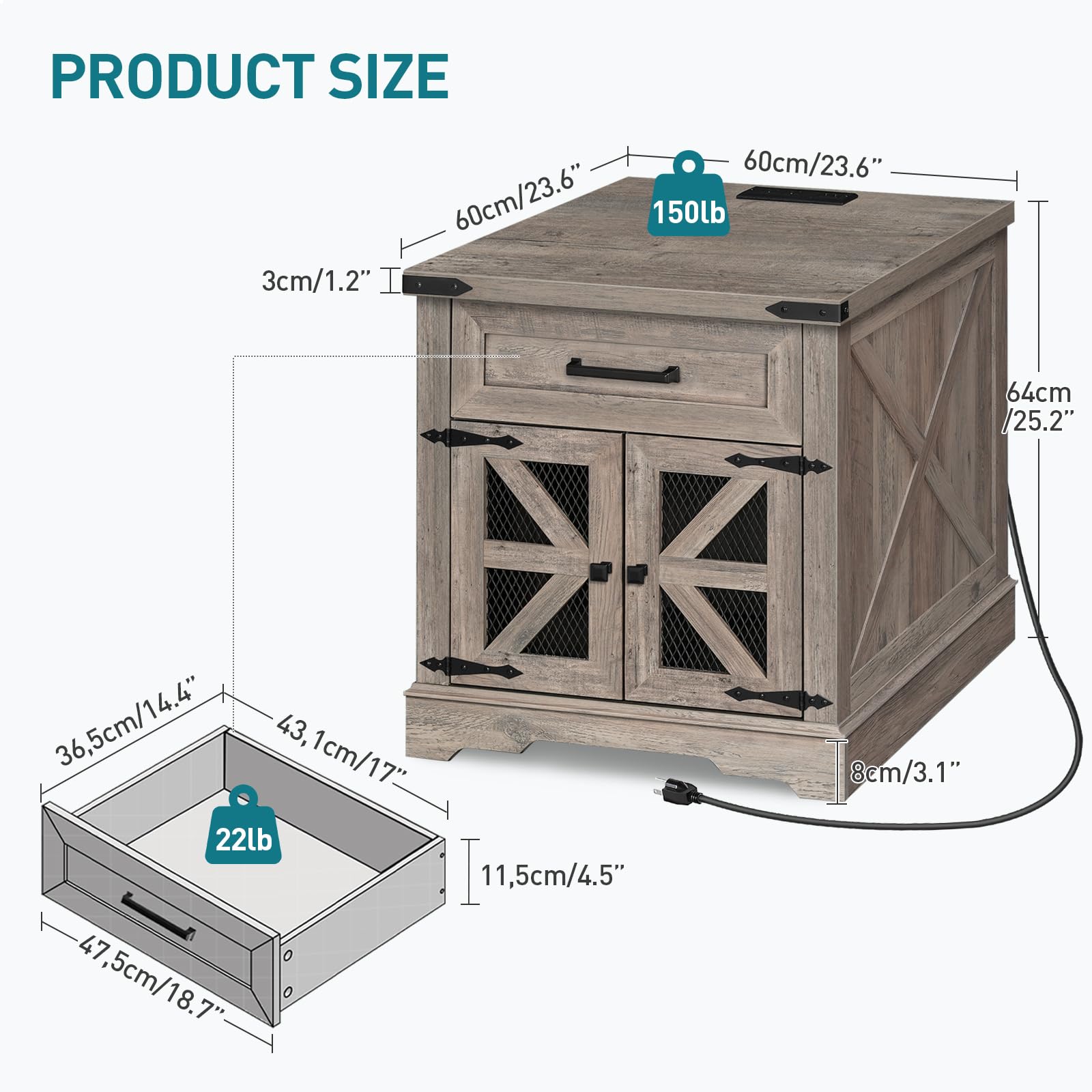 Farmhouse End Table with Charging Station, 24" Large Sofa Side Table