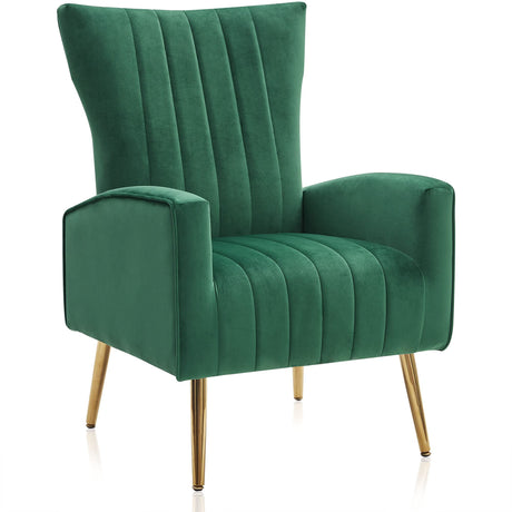 Accent Chairs for Living Room, Modern Wingback Vanity Chair Upholstered Arm Chair High Back Accent Chair with Metal Legs, Armrests for Living Room Bedroom- Kinsley (Green)