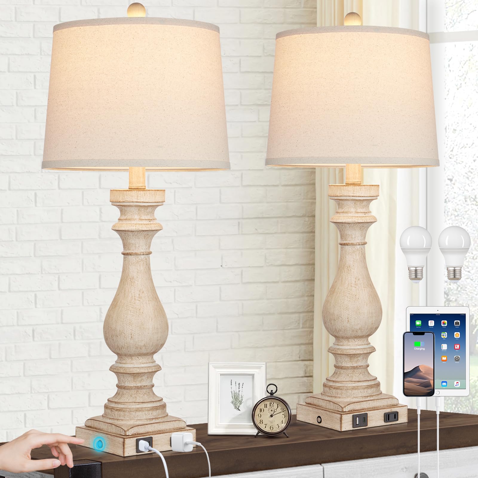 29" Tall Table Lamp for Living Room Set of 2,Vintage Bedside Nightstand Lamps