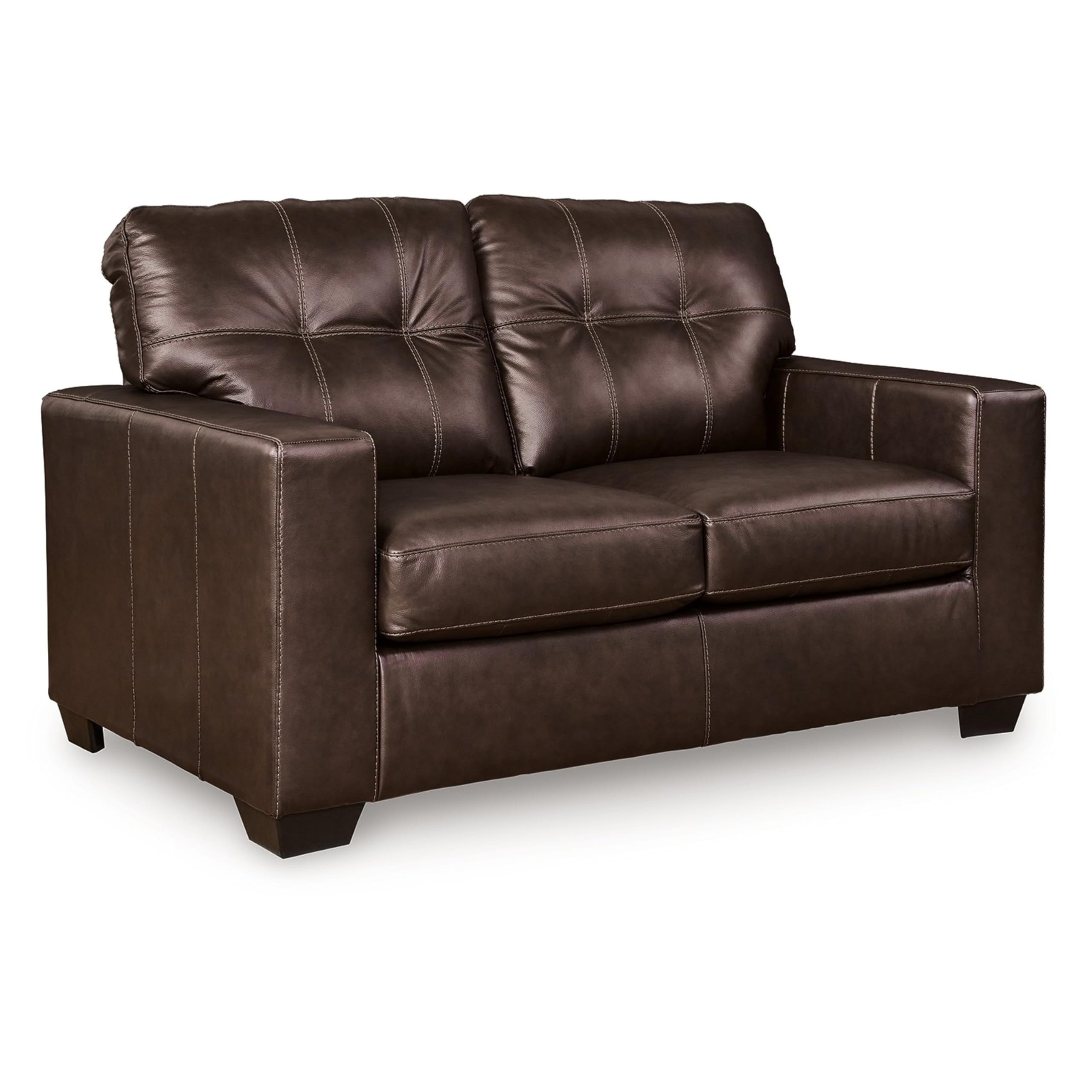 Orion Loveseat, Tufted Real and Faux Leather Seats, 62 Inch, Dark Brown and Black