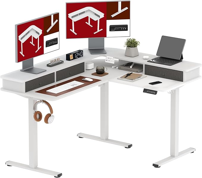 63" L Shaped Standing Desk with 3 Drawers, Height Adjustable Stand up Desk